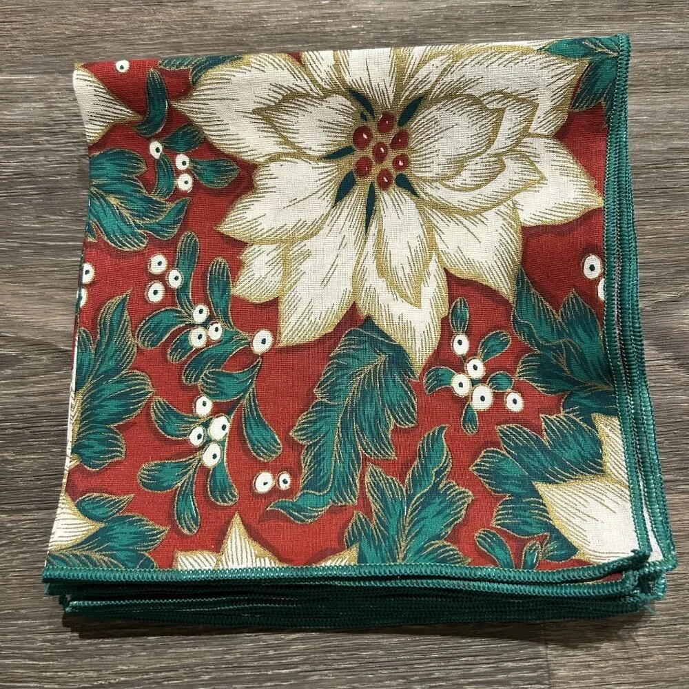 Set of 8 Christmas Poinsettia Cloth Napkins Linens Red Green Holiday Table Decor